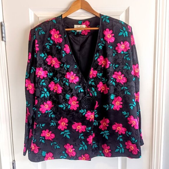 Marshall Fields Magenta Turquoise Floral Silk Jacquard Jacket - Picture 2 of 6